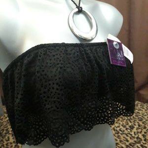 BLACK Bandeau Strapless Bralette Bra Top Eyelet Ruffle Sexy Top NEW S M L SAKI
